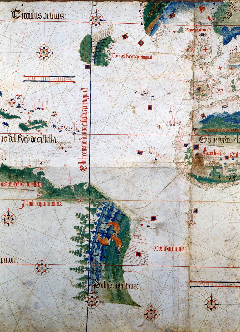 Planisfera de Cantino: Mapa de Alberto Cantino de 1502 representando a linha de fronteira imposta pelo Tratado de Tordesilhas (1494) entre a América portuguesa e espanhola. Biblioteca Estense. Modena de Unknown artist