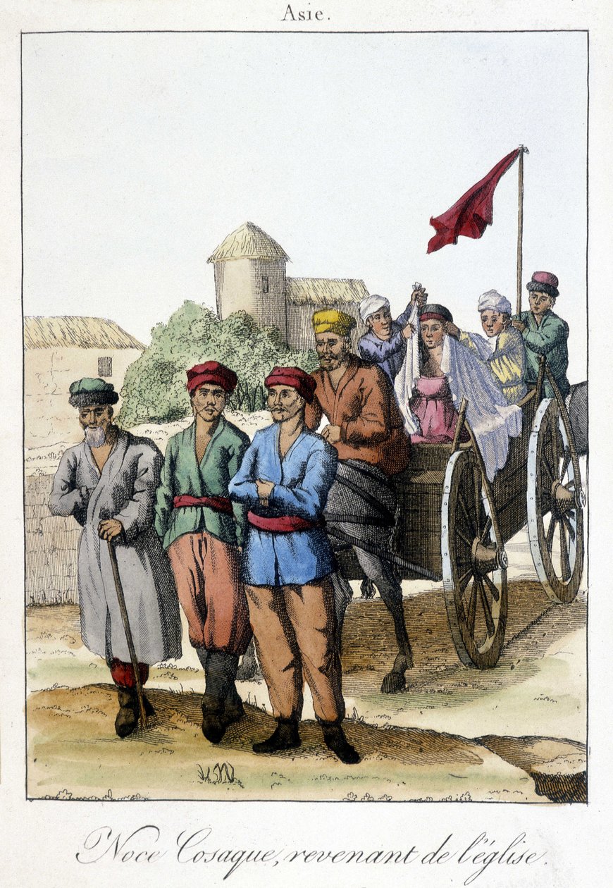 Prato de 1811 ilustrando um grupo de cossacos retornando da igreja após um casamento. de Unknown artist