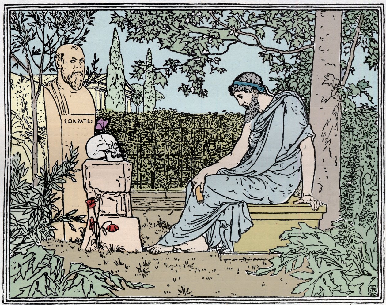Platão meditando sobre a imortalidade antes de Sócrates, a borboleta, o crânio e a papoila por volta de 400 aC - Platão meditando sobre a imortalidade antes de Sócrates, uma borboleta, um crânio e uma papoila por volta de 400 aC gravura do século XIX de Unknown artist