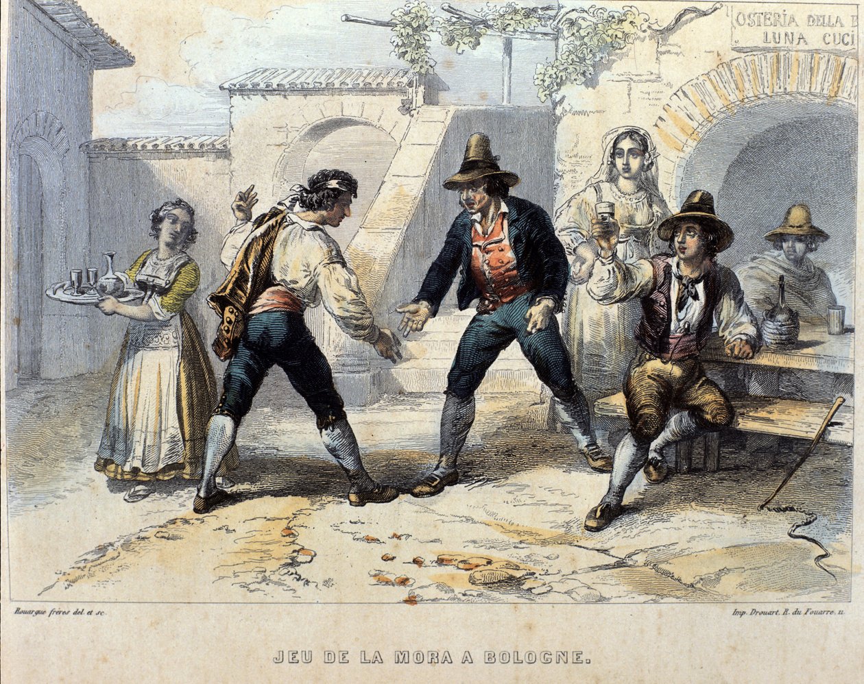 Jogadores de die (morra), jogo italiano em uma osteria (pousada) em Bolonha. O início do século XIX de Unknown artist