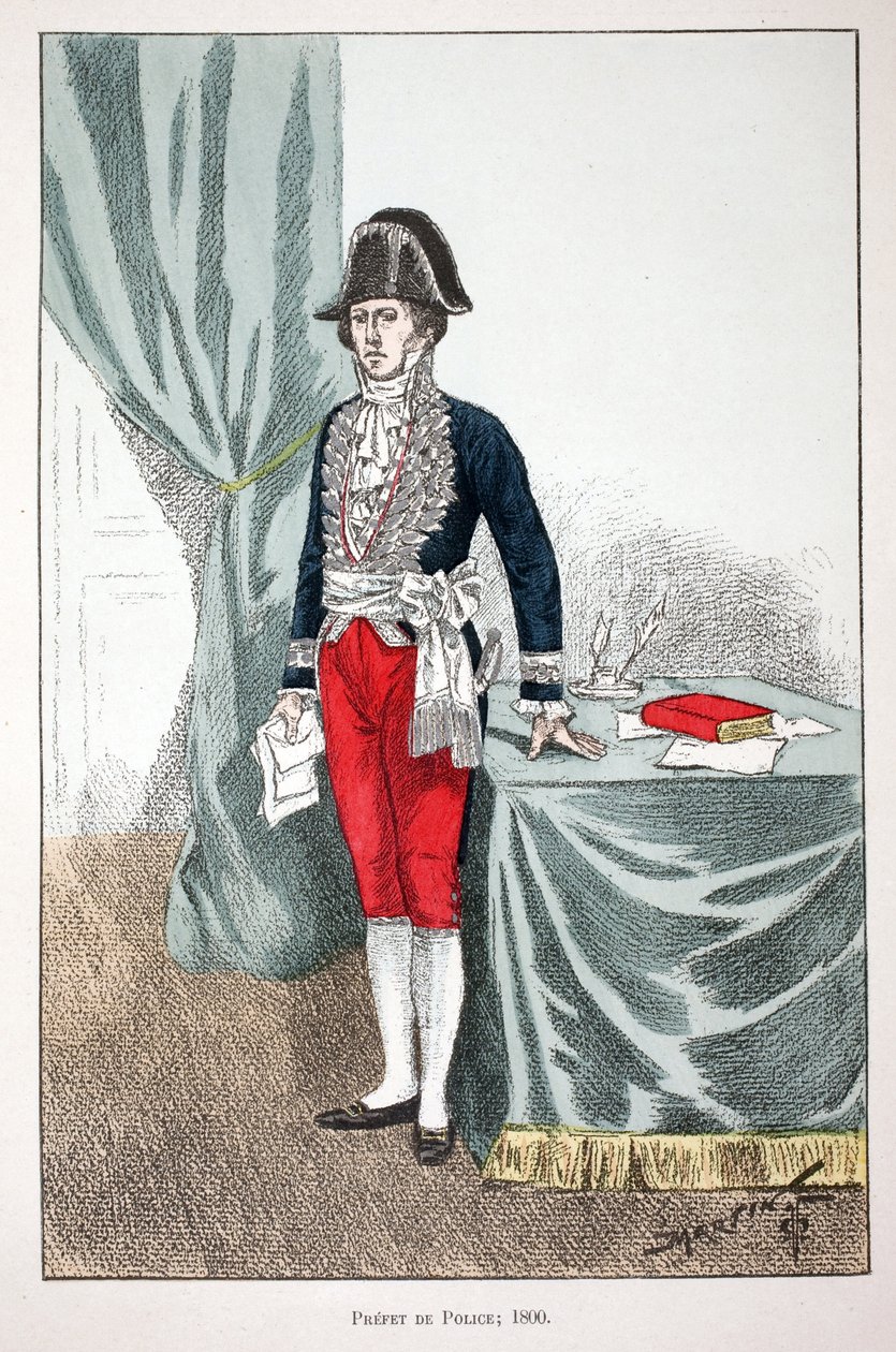 Prefet da Polícia (1800). Etching in color, para ilustração do livro "Histoire du corps des gardiens de la paix" publicado sob os auspícios de Louis Lepine (1846-1933) prefet de police de la Seine, de Alfred Rey (1864-?) e Louis Feron (1862-?) , edi de Unknown artist