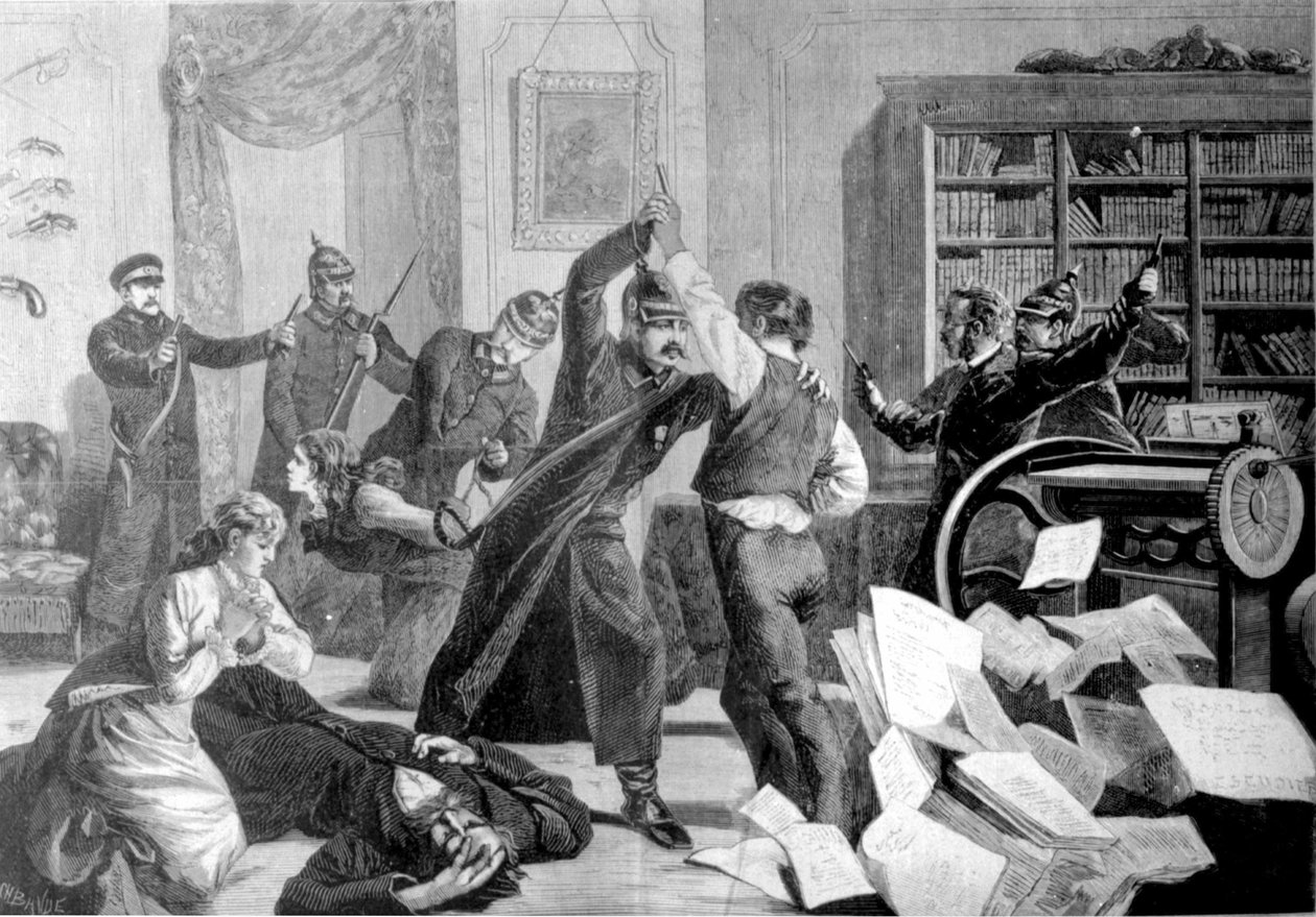 A polícia invadiu uma casa na Rua Sapernaja (São Petersburgo) onde o jornal Nihilist "The National Will" é impresso clandestinamente. de Unknown artist