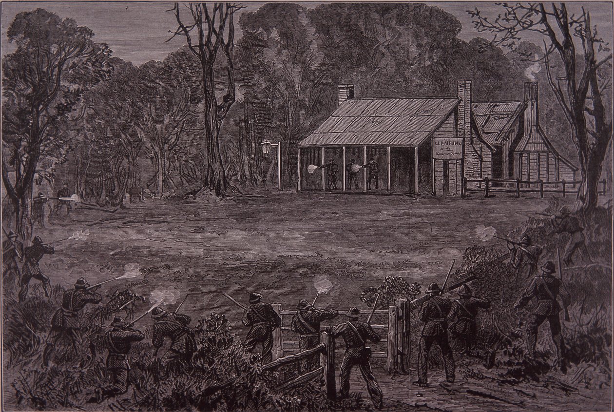 Polícia abre fogo sobre a quadrilha Kelly no Hotel Glenrowan, 28 de junho de 1880 (gravura) de Unknown artist