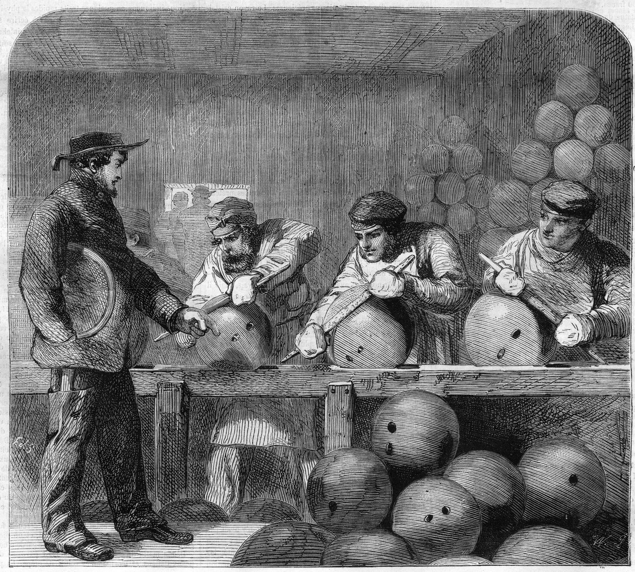 Oficina de polimento da fundição da bomba em Woolwich Arsenal, subúrbios de Londres, Inglaterra. Gravura em "The Illustrious Universe" (O Universo Ilustre) de Unknown artist