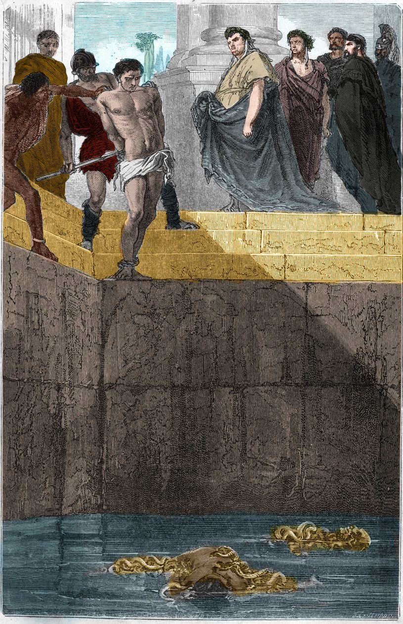 Pollion Vedius, gastrónomo romano, famoso pela sua crueldade para com os seus escravos. Para os apanhar, atirava-os vivos para os seus murenos. Um dia Augusto (Caius Octavius Thurinus) estava comendo em sua casa, então ele fez um escravo se precipitar, cul de Unknown artist