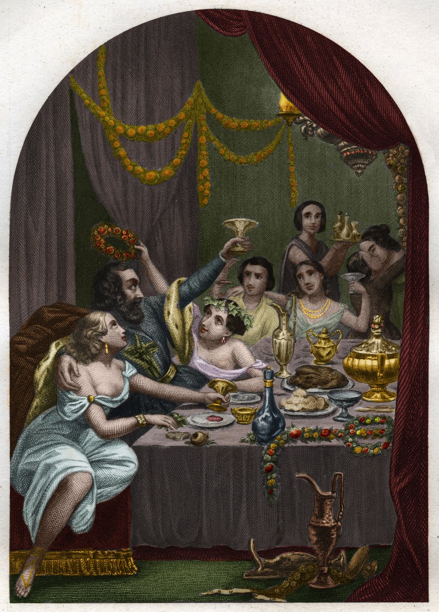 Papa Alexandre VI (1431-1503) (Alessandro, Rodrigo Borgia) Rodrigue Borgia celebra o casamento de sua filha Lucrece Borgia (Lucrezia) com 50 cortesãs no Vaticano. Gravura de 1842 em "Histoire des popes: crimes, assassinatos, envenenamentos, parrici de Unknown artist