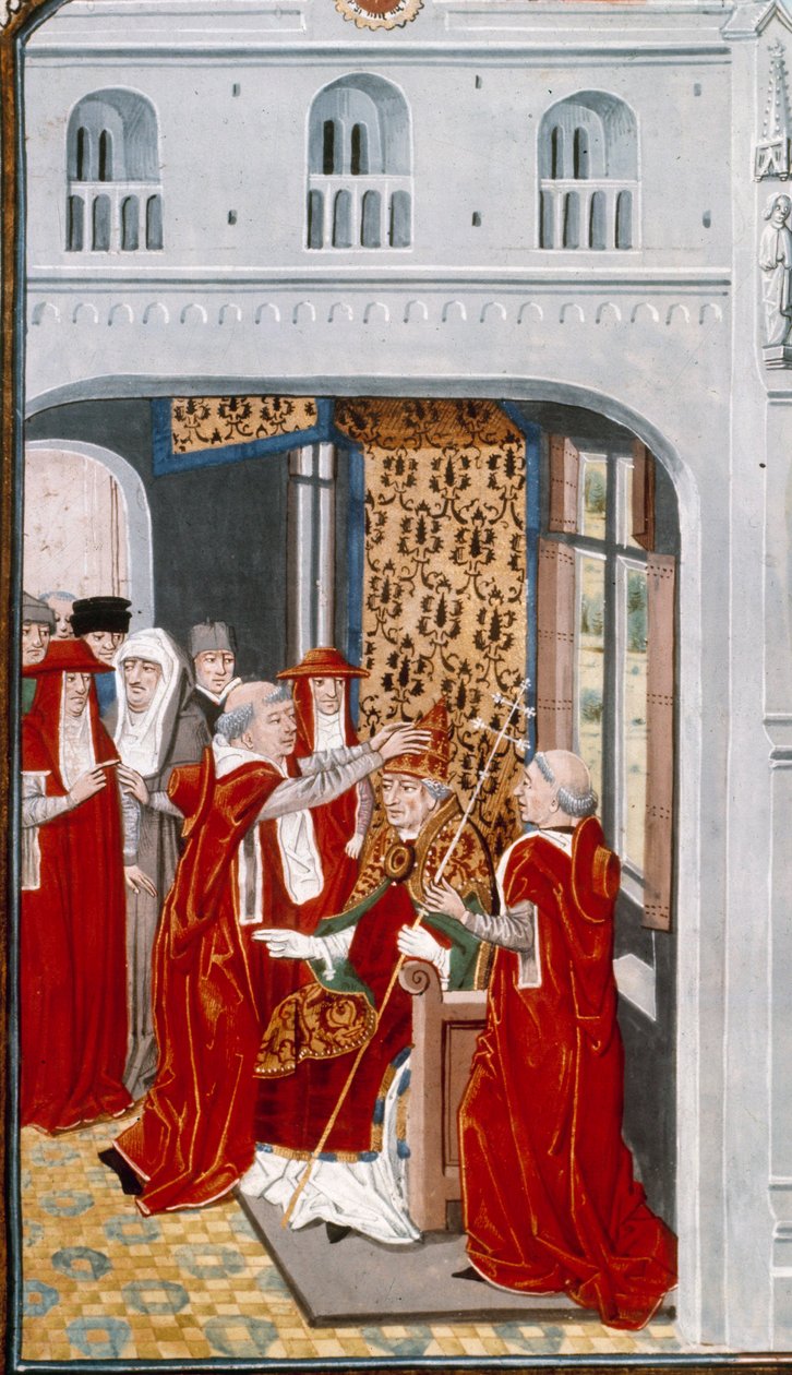 O Papa Gregoire XI (1329-1378) consagrou Avignon em 1370. Miniatura de Crónicas" de Jean Froissart (1337-1400) Paris do século XV. B.N. de Unknown artist