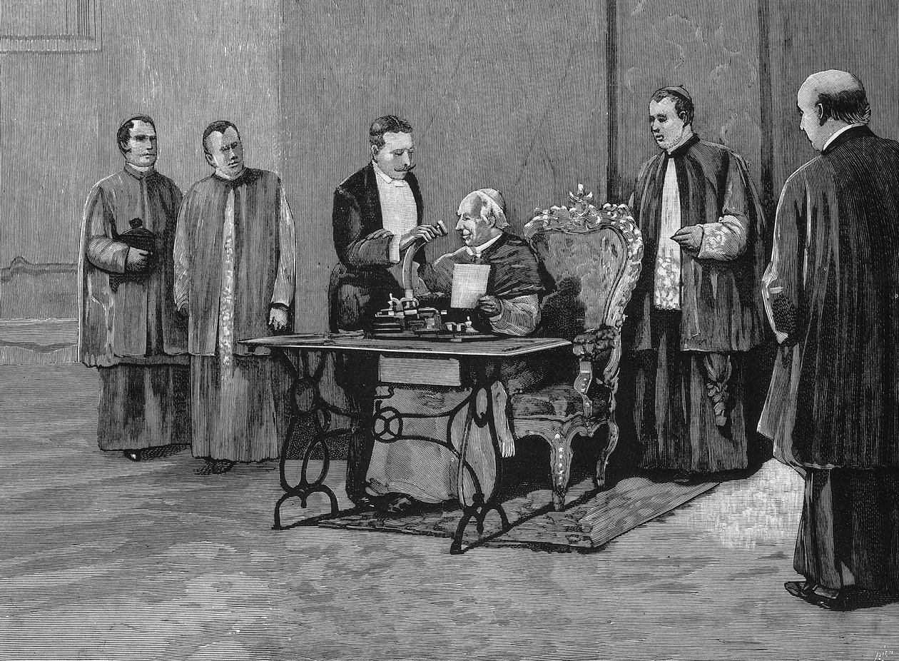 O Papa Leão XIII (1810-1903) envia a sua mensagem do jubileu, gravada por fonógrafo, ao povo americano. Gravação do século XIX. de Unknown artist