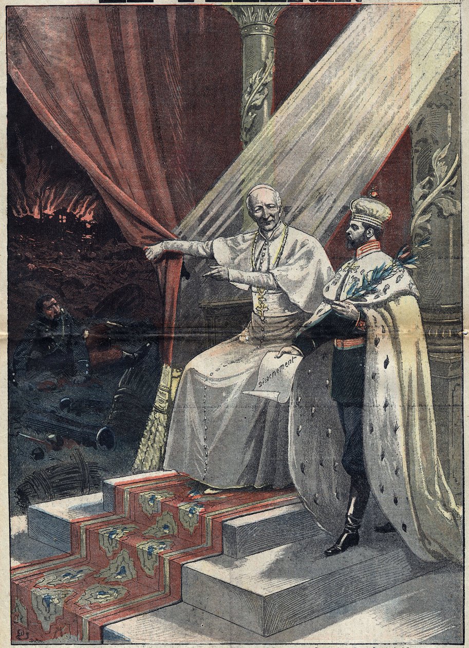 Papa Leão XIII (1810-1903) mostrando ao czar russo Nicolau II (1868-1918) os horrores da guerra. Este último propõe então o desarmamento. Ilustração em "Le Pelerin" de 11 de setembro de Unknown artist