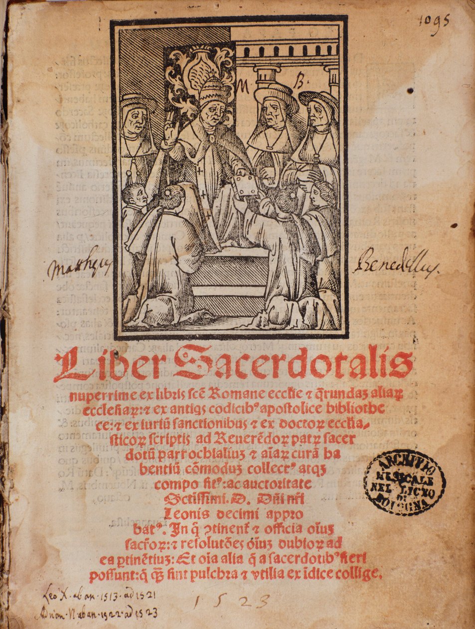 O Papa Leão X recebe o livro Frontispício do livro litúrgico "Liber Sacerdotalis" de Castellini de Unknown artist