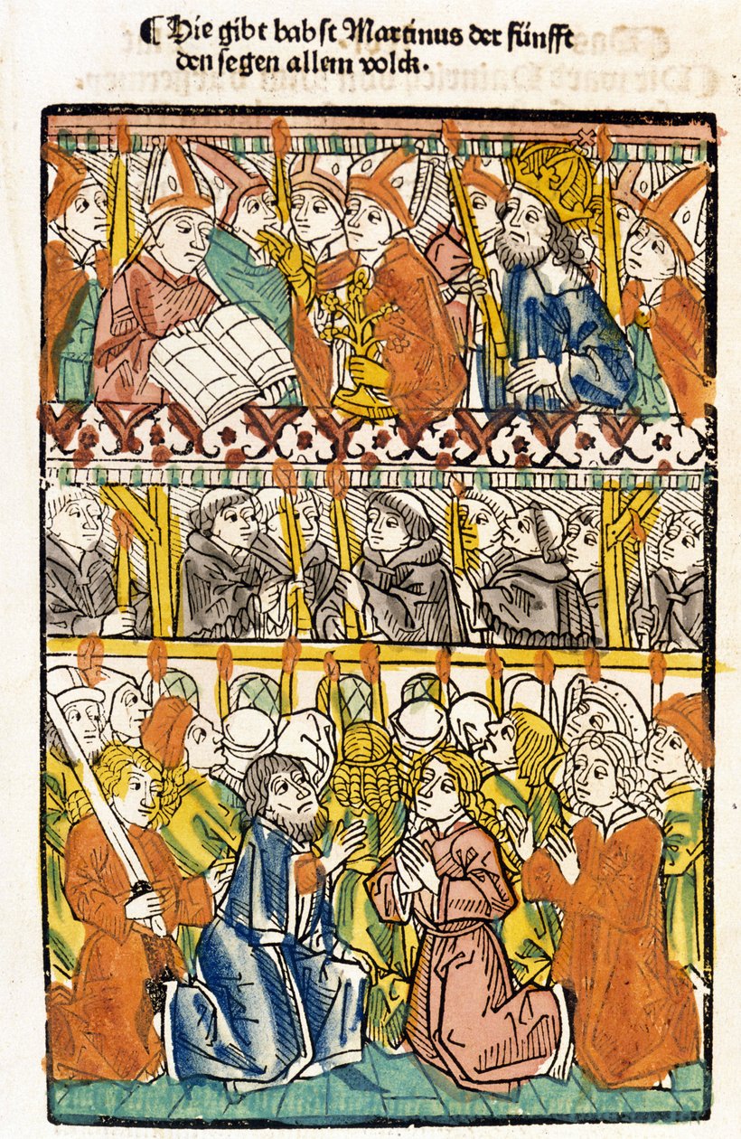 O Papa Martin V (1368 - 1431) eleito no Concílio de Constança (1417), pondo fim ao grande cisma do Ocidente, realiza a bênção. "Das concilium". de Unknown artist