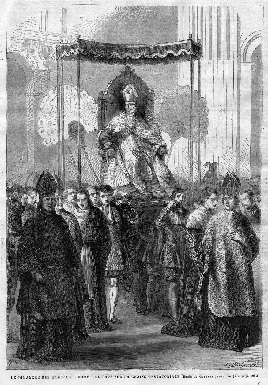 Papa Pio IX (1835-1914) sobre a gestualidade mediática - Domingo de Ramos em Roma: Papa Pio IX (Pio Pio 9) na cadeira gestual - desenho de Gustave Janet - O Diário Ilustrativo de 1868 de Unknown artist