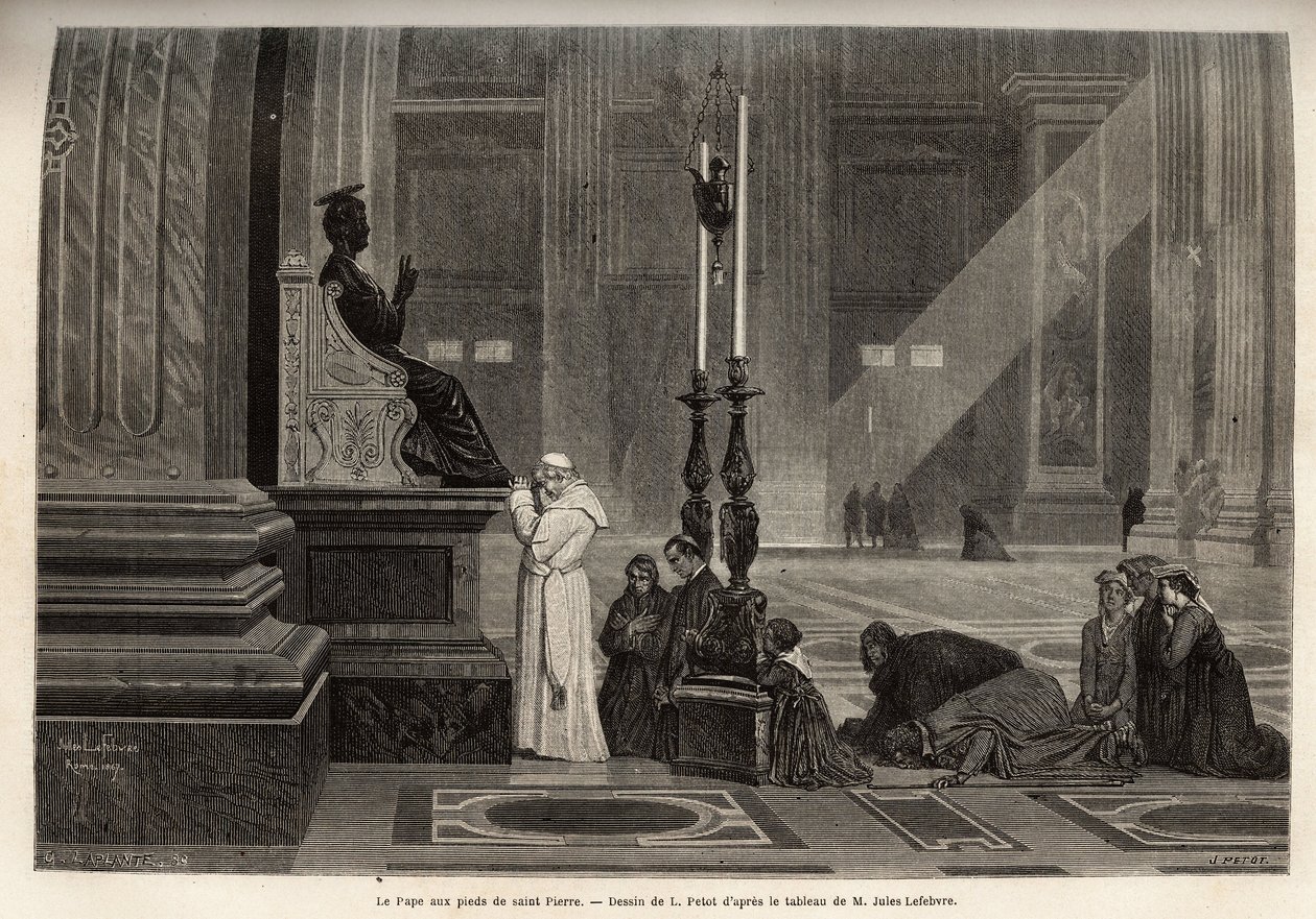 Papa Pio IX (pio 9) (1792-1878) recolhido ao pé da estátua de São Pedro, na entrada da Basílica, no Vaticano. Gravura para ilustrar a história de Roma, de Francis Wey, em 1864-1868, publicada em "le tour du monde", editada por D