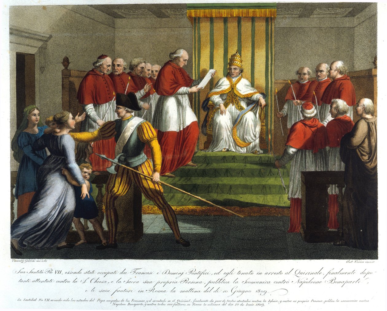 O Papa Pio VII (1742 - 1823) excomungou Napoleão Bonaparte em 10 de junho de 1809. Gravura do século XIX. de Unknown artist