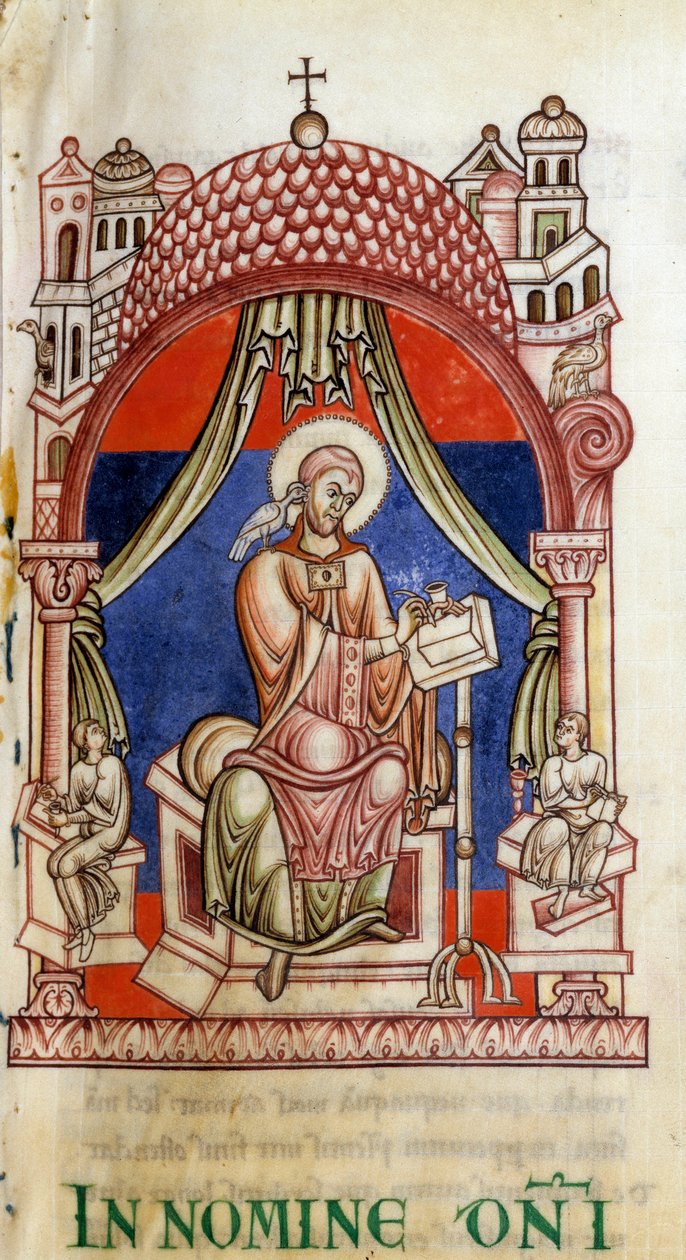Papa São Gregório I, o Grande (540-604) rodeado por dois secretários. Ele está escrito com uma pomba sobre o ombro, símbolo do Espírito Santo (Espírito Santo). Miniatura das cartas de S. Gregório de Unknown artist