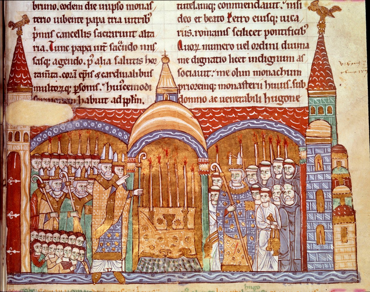 Papa Urbano II (1042-1099) em frente ao altar da Abadia de Cluny. Ele confirmou a abadia de Cluny nos seus privilégios e posses e confessou à abadia de Hughes o uso de ornamentos episcopais em 1088. Minaiture das Crónicas de Cluny de Unknown artist
