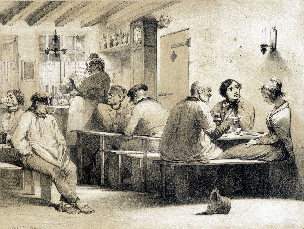Albergue popular "Le Carpet Franc". Ilustração do século XIX. de Unknown artist