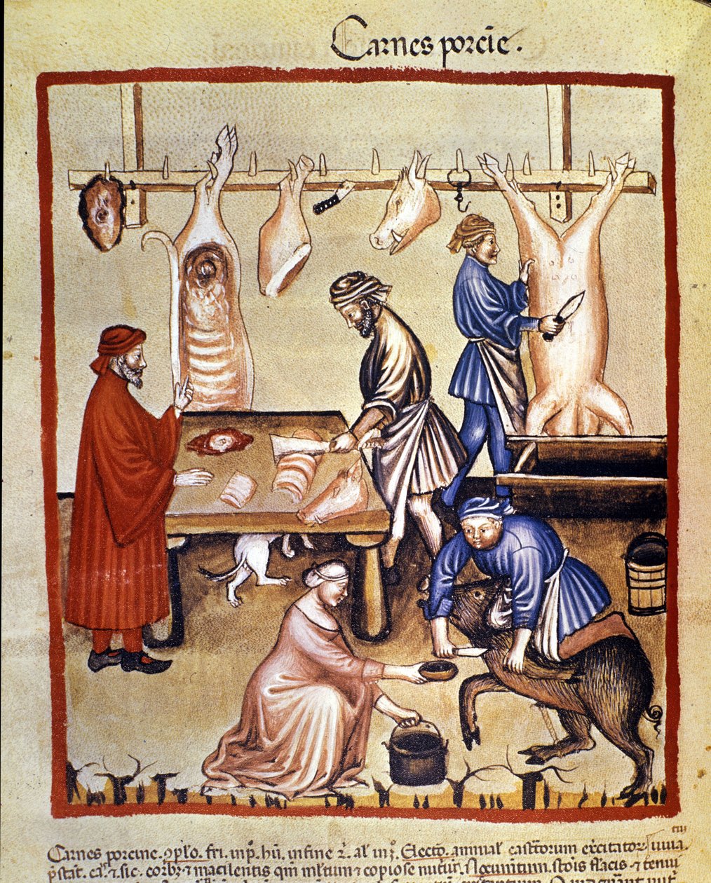 Produção de carne de porco. O porco é abatido e os açougueiros cortam as peças. Iluminação a partir da ordenha de medicamentos e dietética "Tacuinum sanitatis". de Unknown artist