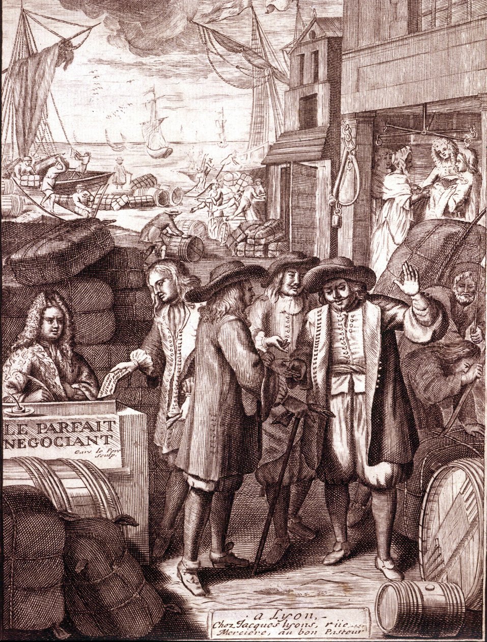 Os comerciantes do porto a falar uns com os outros. Gravura do século XIX. de Unknown artist