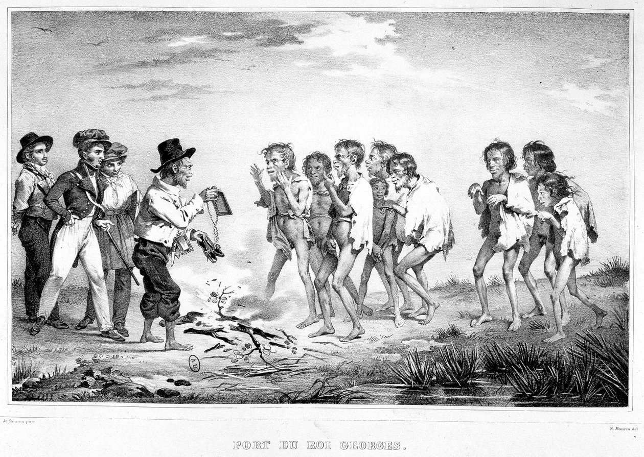 Porto do Rei George, New Holland: Um natural mostra aos seus companheiros os presentes que recebeu à beira do Australabe. de Unknown artist