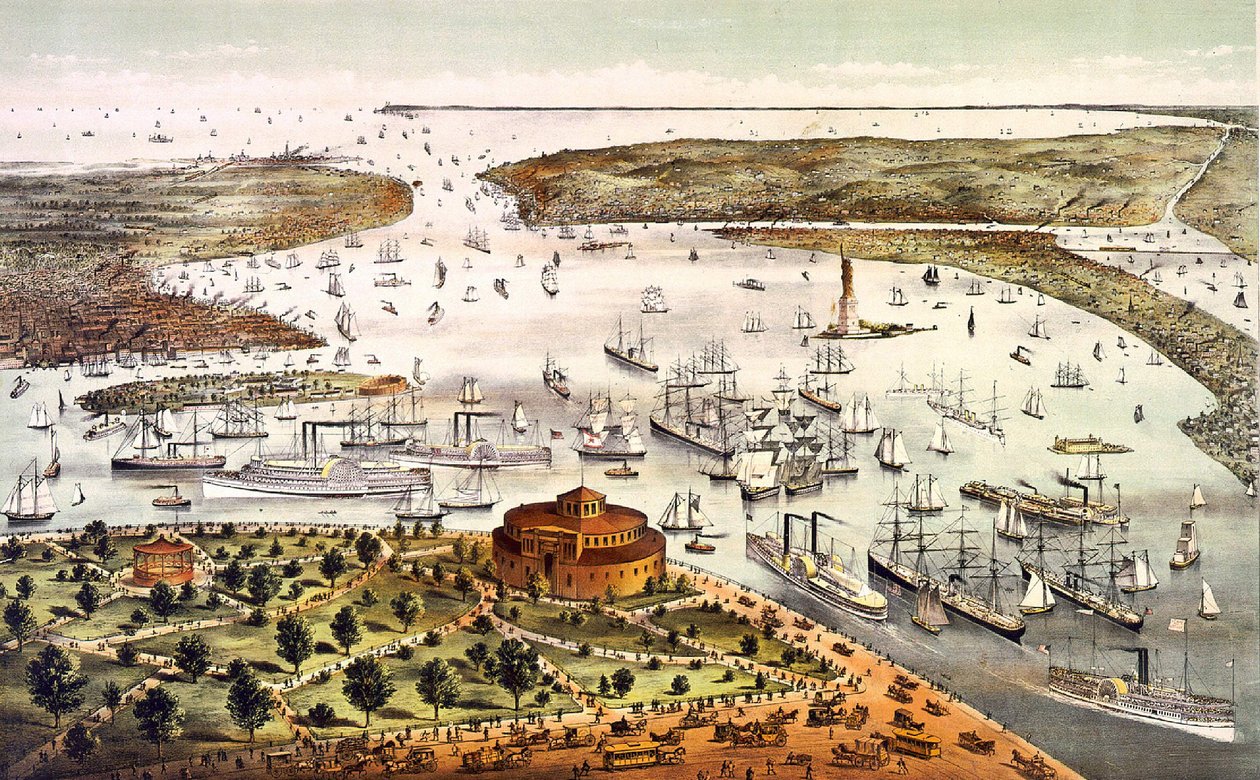 Porto de Nova Iorque; vista aérea. Gravura v. 1892. de Unknown artist
