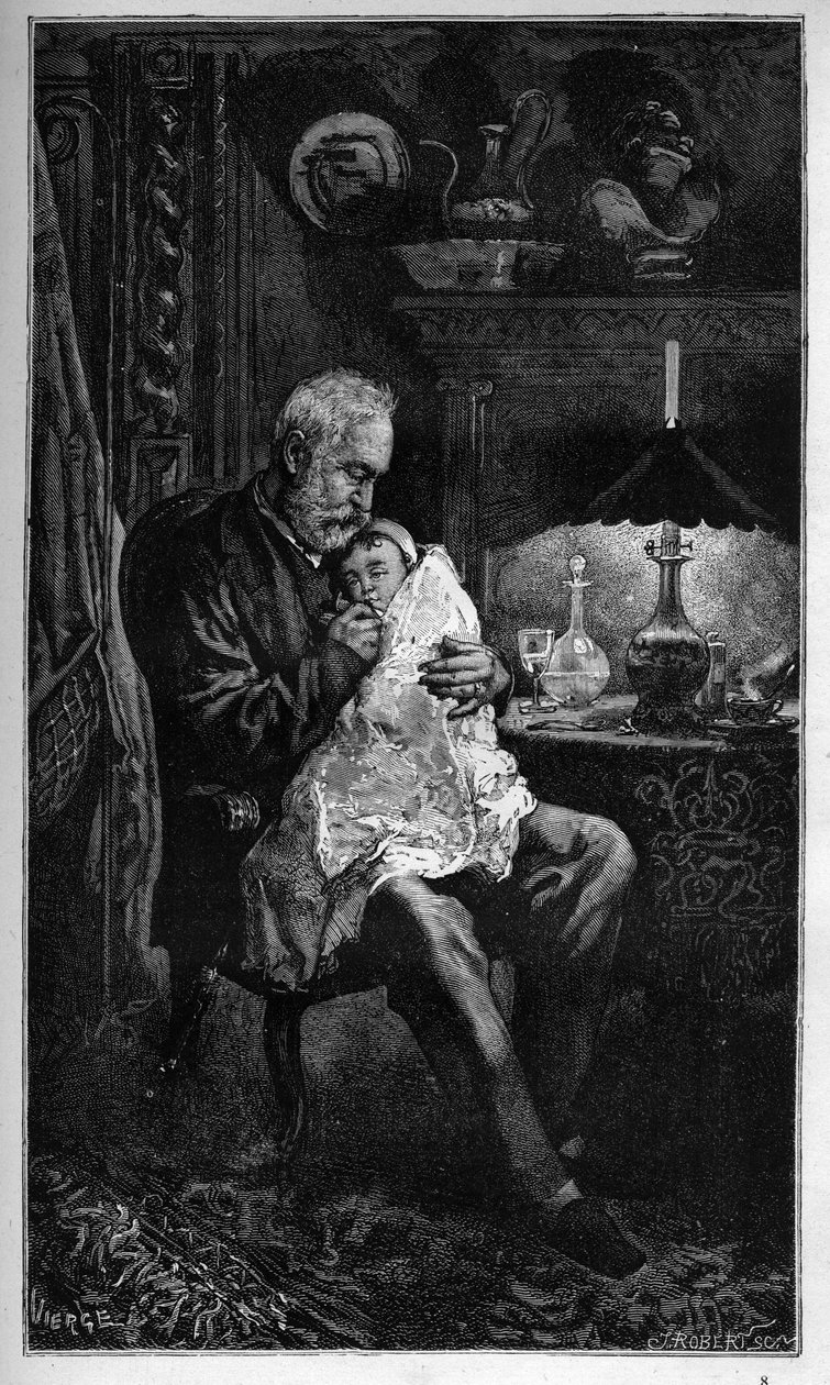 Retrato de Victor Hugo, sentado com a neta Jeanne - gravura de "The Terrible Year" ("O Ano Terrível") - Hugo et l