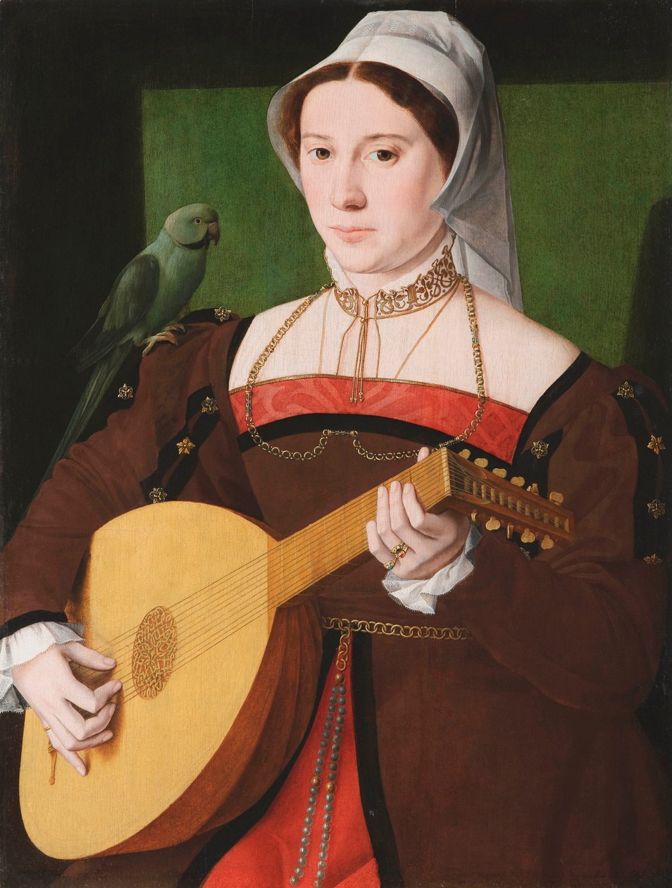 "Portrait de femme jouant du luth avec perroquet sur son epaule" (Retrato de uma mulher tocando um alaúde, com um papagaio no ombro) Peinture anonyme vers 1540 Oil on wood, 70x55 - Fondation Custodia de Unknown artist
