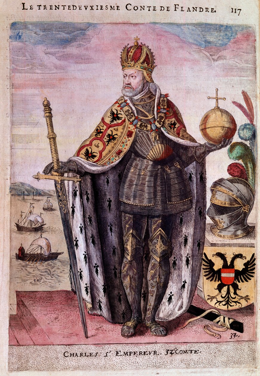 Retrato no pé de Carlos V (1500-1558) na contagem de trinta segundos da Gravura Flamenga do século XVI Paris, B.N. de Unknown artist