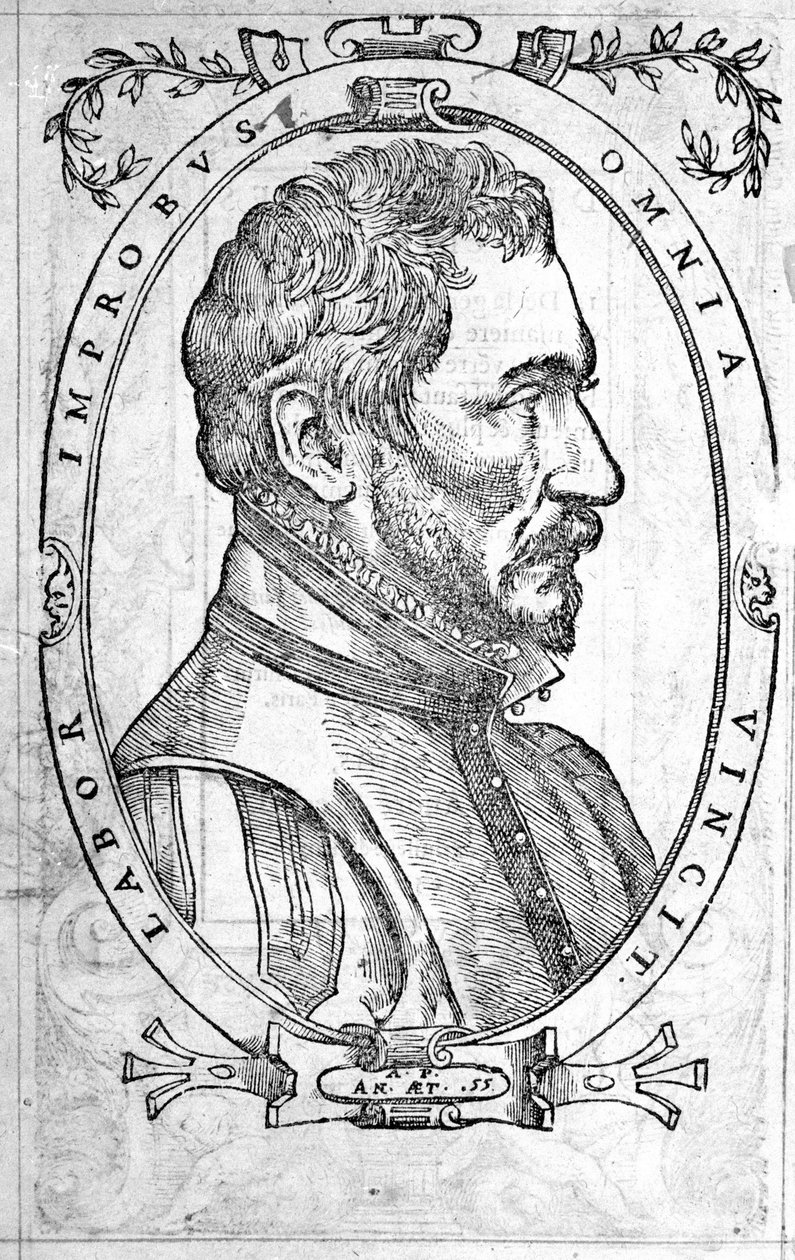Retrato de Ambroise Pare, médico e cirurgião francês (1509-1590) Gravura do século XVI de Unknown artist