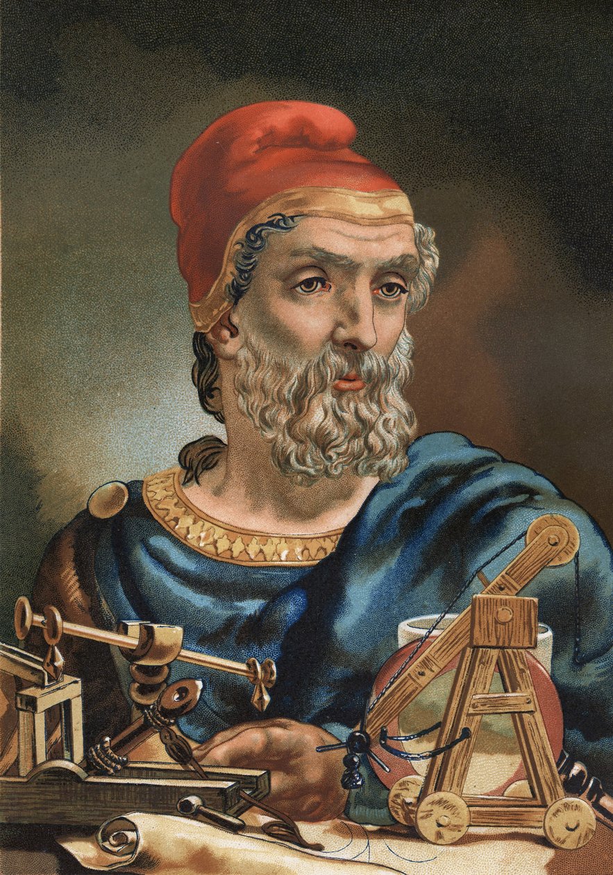 Retrato de Arquimedes em grego Arkhimêdês Matemático e físico grego (Syracuse, 287 a.C. a id, 212 a.C.). depois de "La Ciencia y sus Hombres" de Louis Figuier. Barcelona, 1881. de Unknown artist