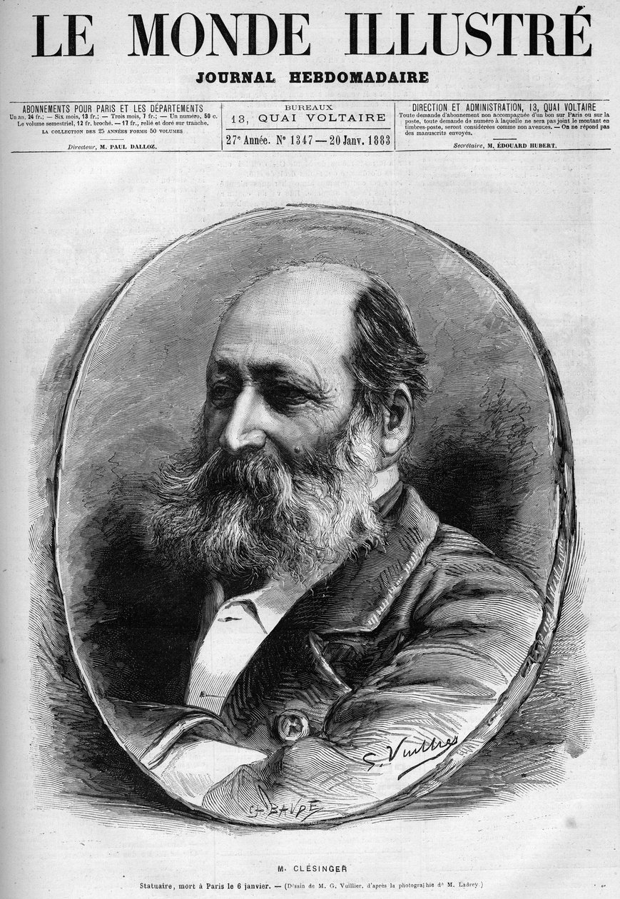 Retrato de Auguste Clesinger (1814-1883), escultor e pintor francês. Gravura em "Le Monde illustrious" 1883. Coleção particular. de Unknown artist