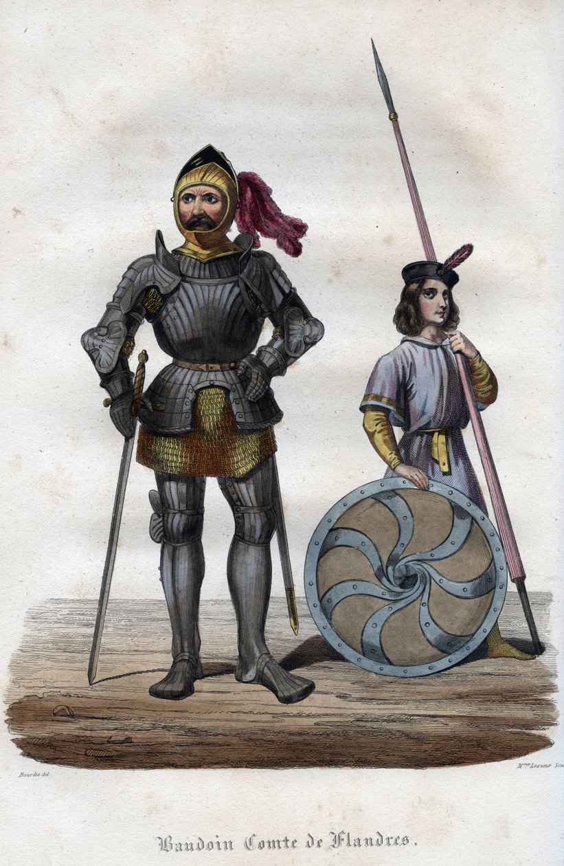Retrato de Baldwin I, Conde de Flanders (830s-879), também conhecido como Baldwin Iron Arm. (Baudouin I, Conde de Flandres, também conhecido como o Brasão de Ferro ou o Bem). Gravura de 1842 em "Histoire des popes", de Maurice Lachatre. Coleção privada. de Unknown artist