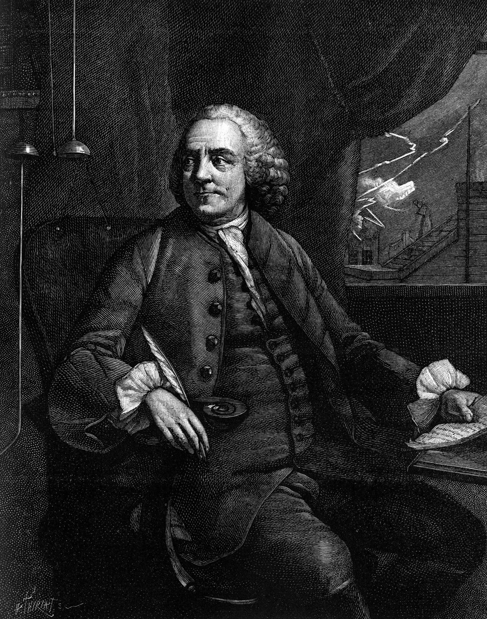 Retrato de Benjamin Franklin (1706-1790), filósofo, físico e embaixador americano. (De uma gravura antiga). Gravura em "La Nature: Revue des sciences et de leurs applications aux arts et a l
