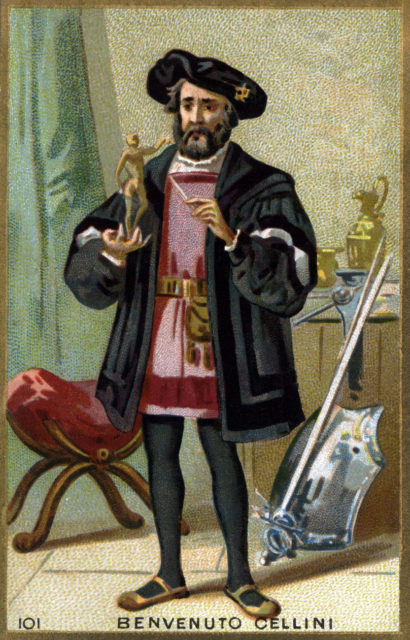 Retrato de Benvenuto Cellini (1500 - 1571), ourivesaria e escultor italiano. Cromolitografia do século XIX. de Unknown artist