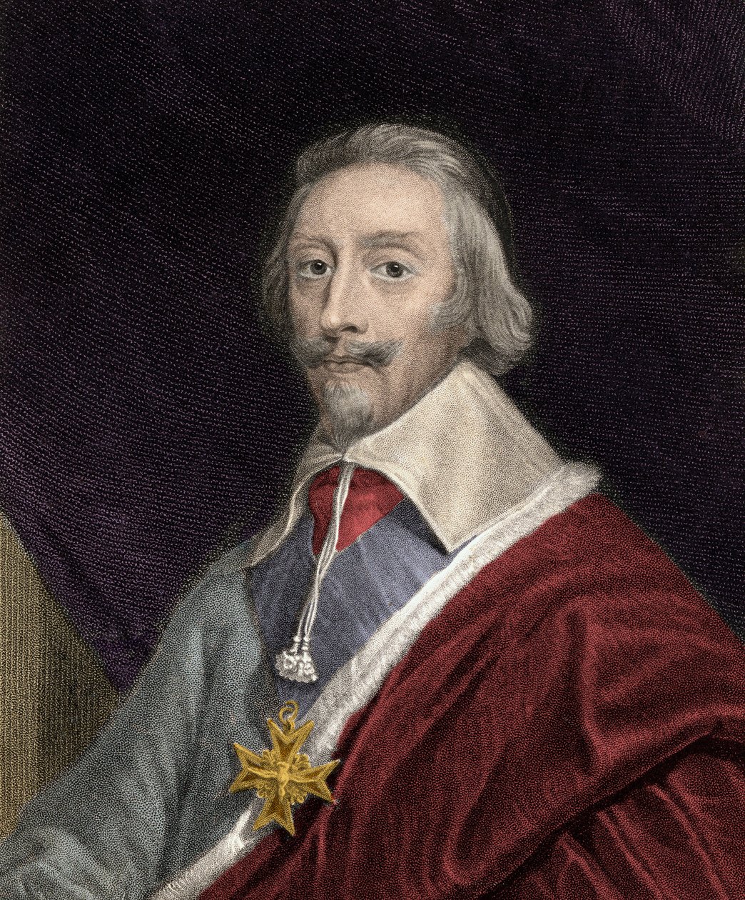 Retrato do Cardeal Richelieu (1585-1642) carregando a cruz da Ordem do Espírito Santo (Espírito Santo) - Armand Jean Du Plessis Cardeal e Duque de Richelieu (1585-1642) com uma cruz da Ordem do Espírito Santo - gravura - século XIX de Unknown artist