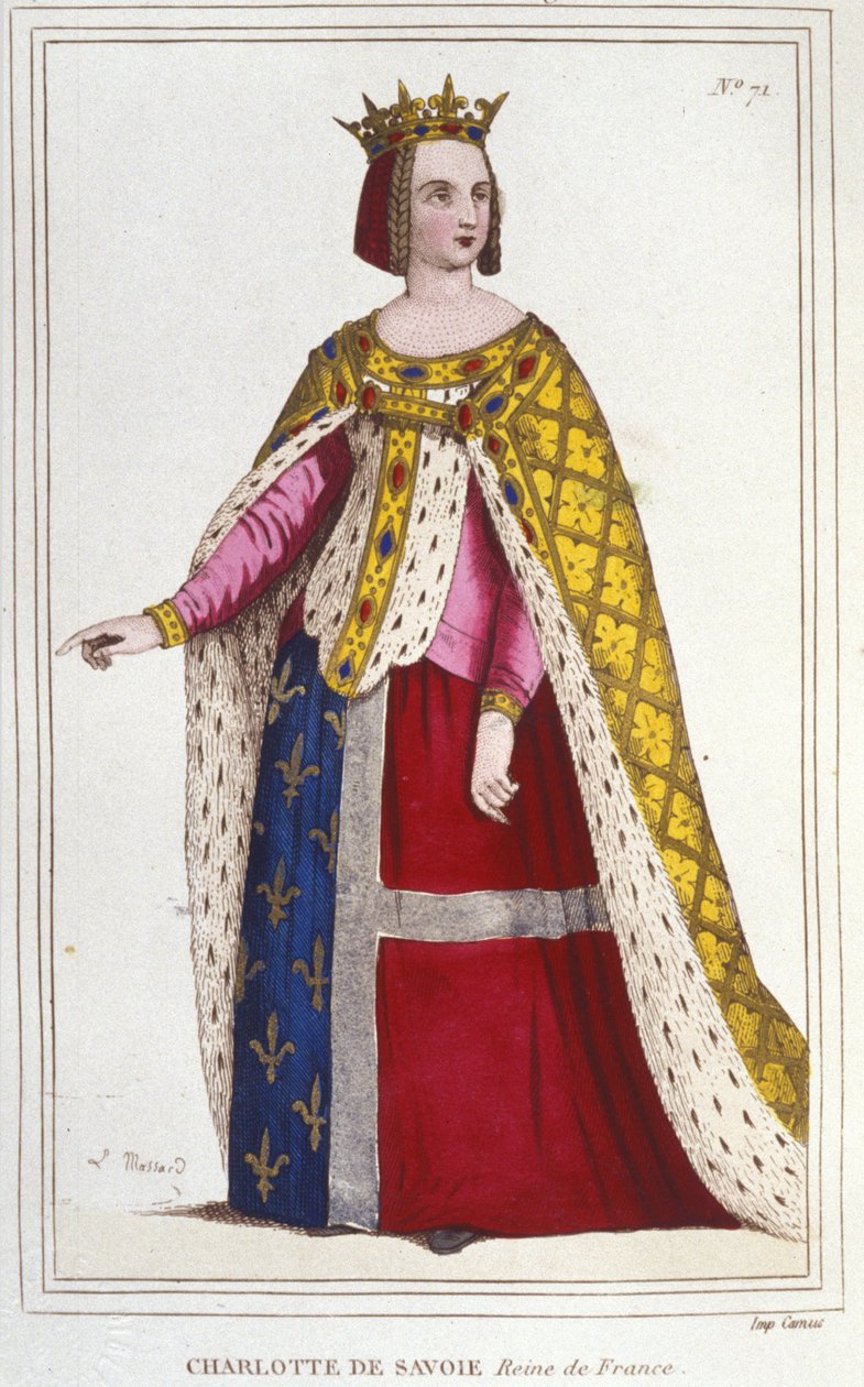 Retrato de Charlotte de Savoy 1445 -1483 Rainha de França de 1461 a 1483 Noiva a Luís XI (Le Prudent) em 1451 gravura de 1830 de Unknown artist