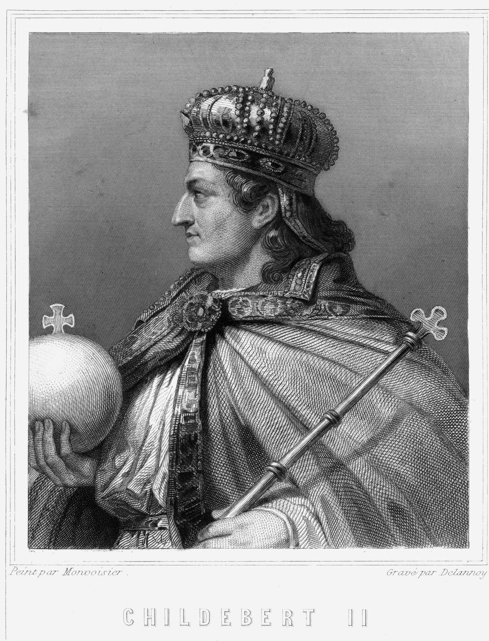 Retrato de Childebert II (v. 570 - 596), Rei da Austrália - em "Histoire des Français" de Lavallée, gravura, sd. de Unknown artist