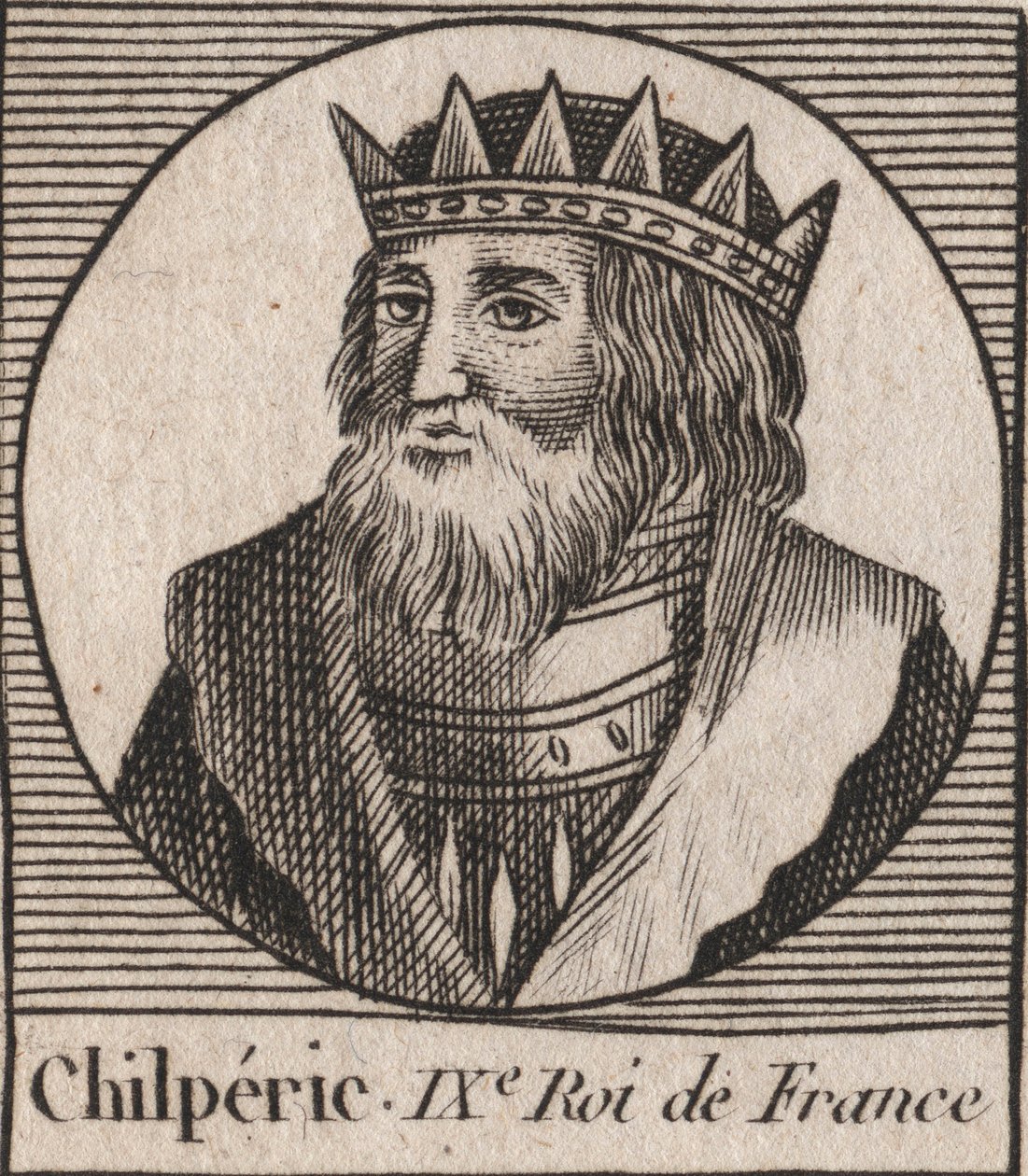 Retrato de Chilperic I (539 - 584), Rei de Neustria - Chilperic I, Merovingian King of France - gravura de "Instruction sur l