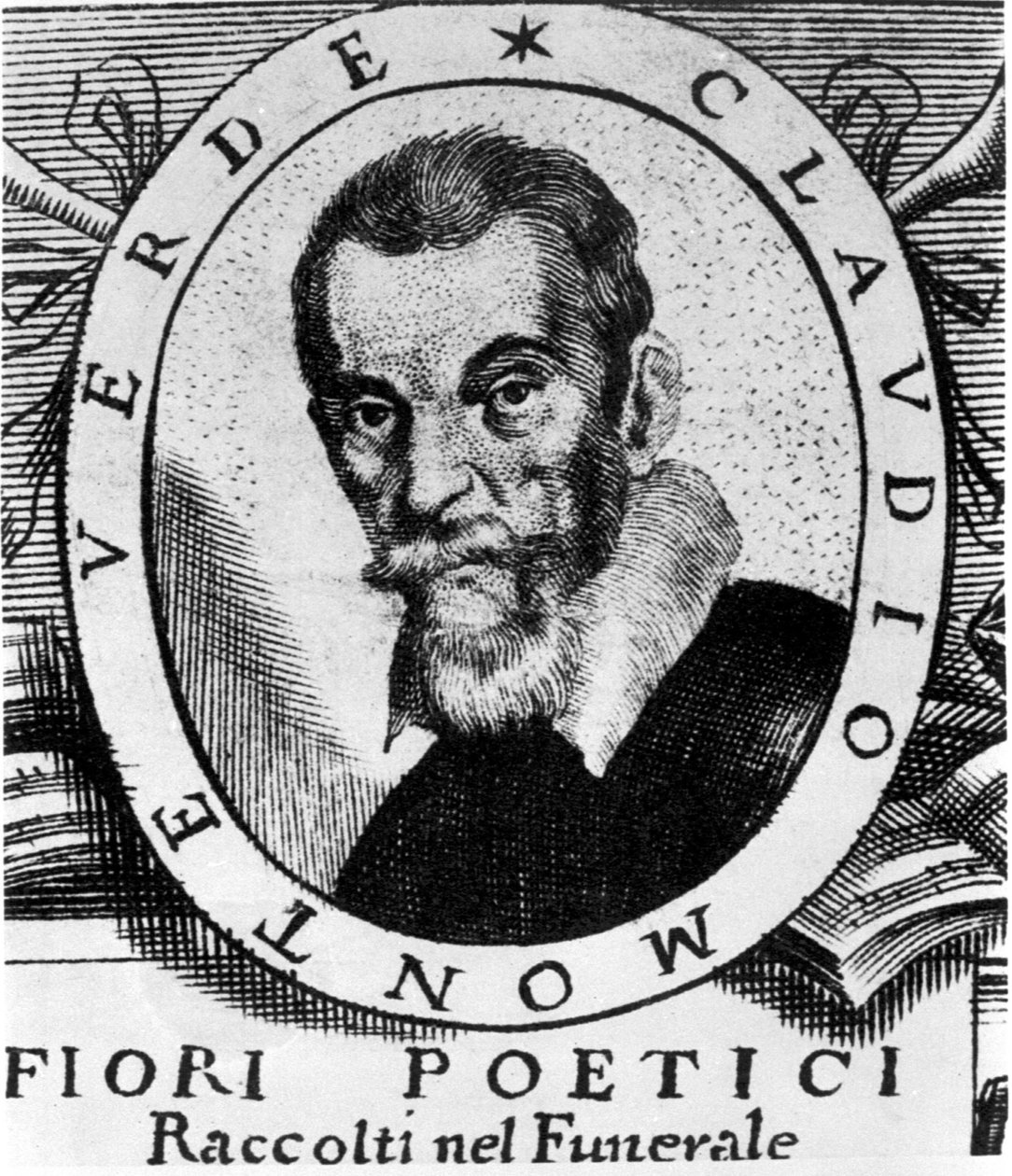 Retrato de Claudio Monteverdi (1567 - 1643) após o frontispício de Fiori poetici raccolti nel funerale del molto illustrious e molto reverendo Signor Claudio Monteverdi, publicado em Veneza em 1644. de Unknown artist