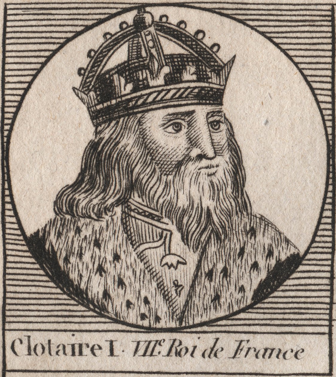 Retrato de Clothaire I (497 - 561), Rei da Neustria e Rei dos Francos - Clothar I, Rei dos Francos - gravura de "Instruction sur l