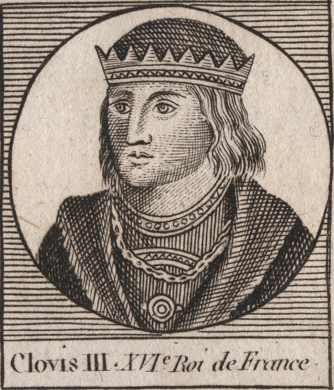 Retrato de Clóvis III, Rei dos Francos de 691 a 695 - CLOVIS III Merovingian King of Neustria e Austrasia - gravura de "Instruction sur l