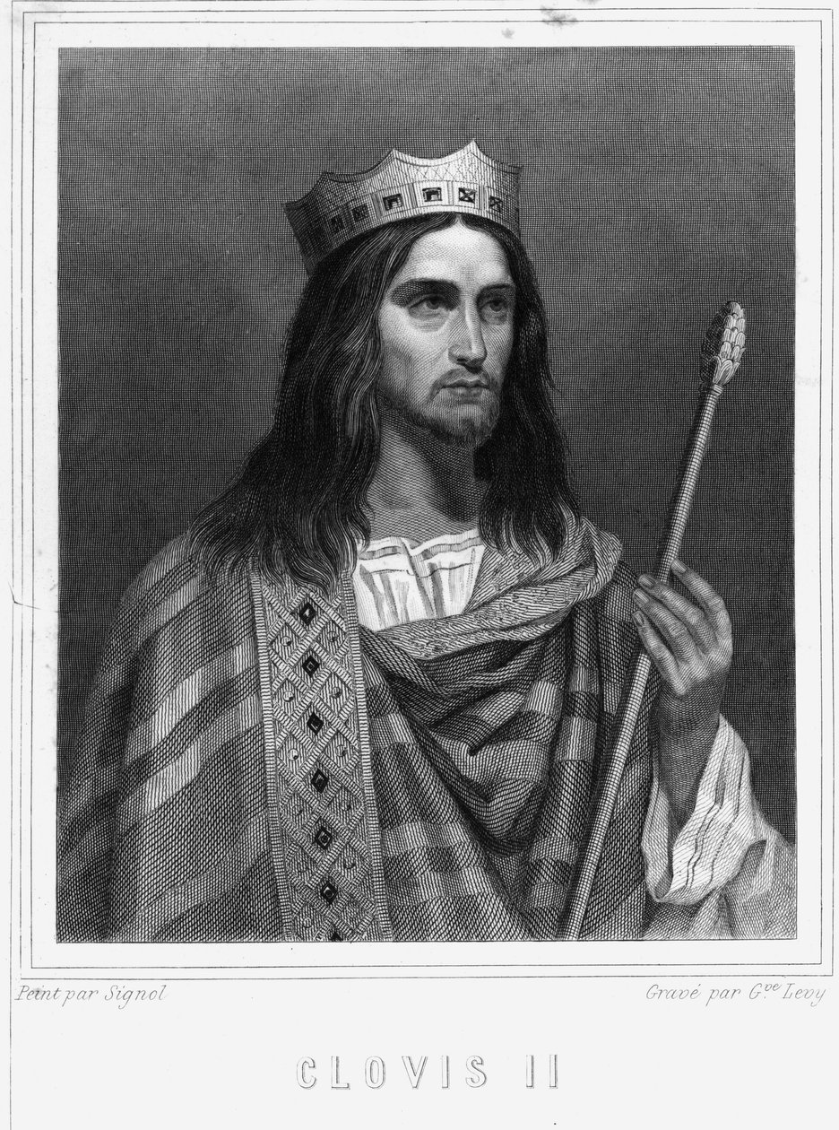 Retrato de Clovis II (? - 657), Rei de Neustria, Borgonha e Austrasie - em "Histoire des Français" de Lavallée, gravura, sd. de Unknown artist