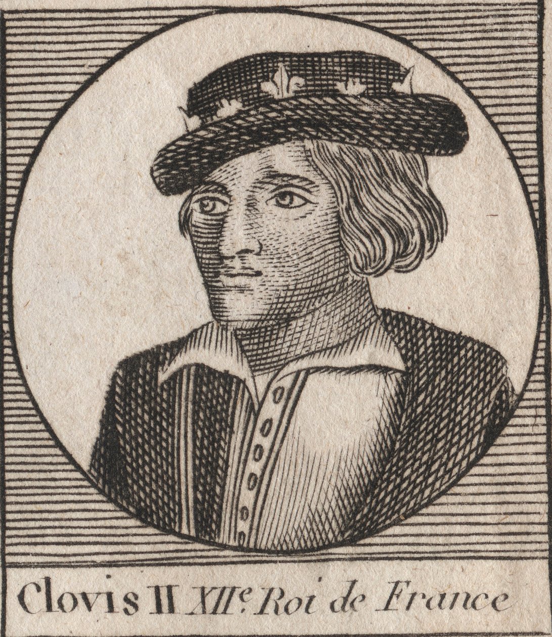 Retrato de Clovis II, Rei dos Francos (v.633-657) - Clovis II (c.634-657), Merovingian Frankish King of Neustria e Burgundy (639-657) - gravura de "Instruction sur l
