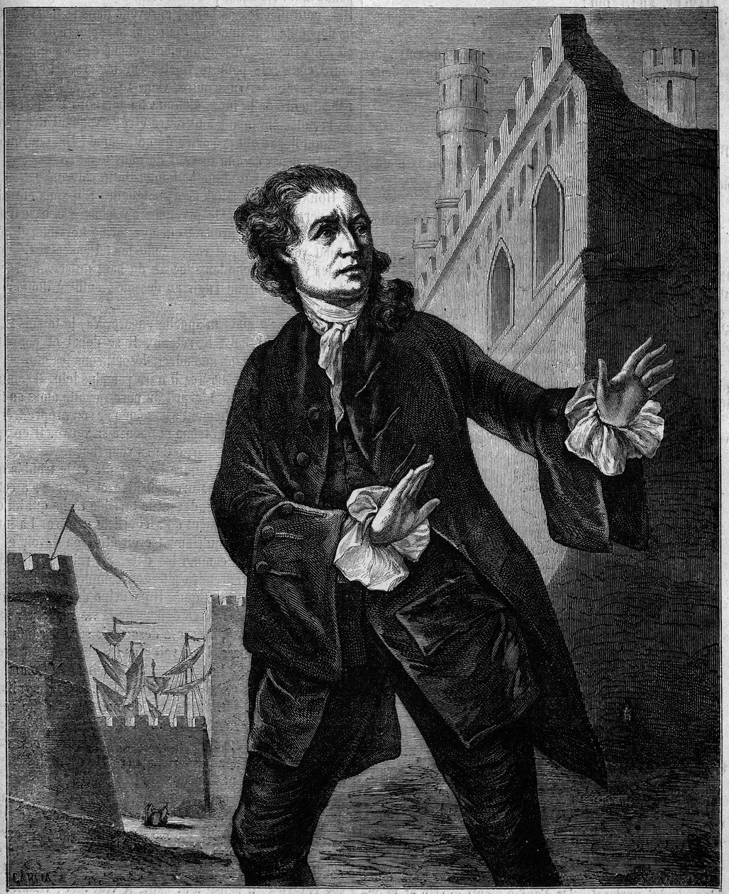 Retrato de David Garrick (1717-1779), comediante inglês, como "Hamlet" de Shakespeare. Gravação de Wilson em "Le Magasin pitoresco". de Unknown artist