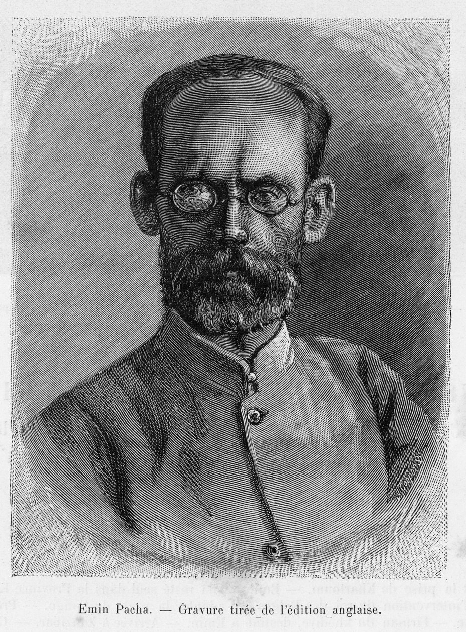 Retrato de Emin Pasha (Isaak Eduard Schnitzer 1840-1892), médico, naturalista, explorador e governador da província egípcia de Equatoria. Gravura, para ilustrar a história Dans les shadbres de l
