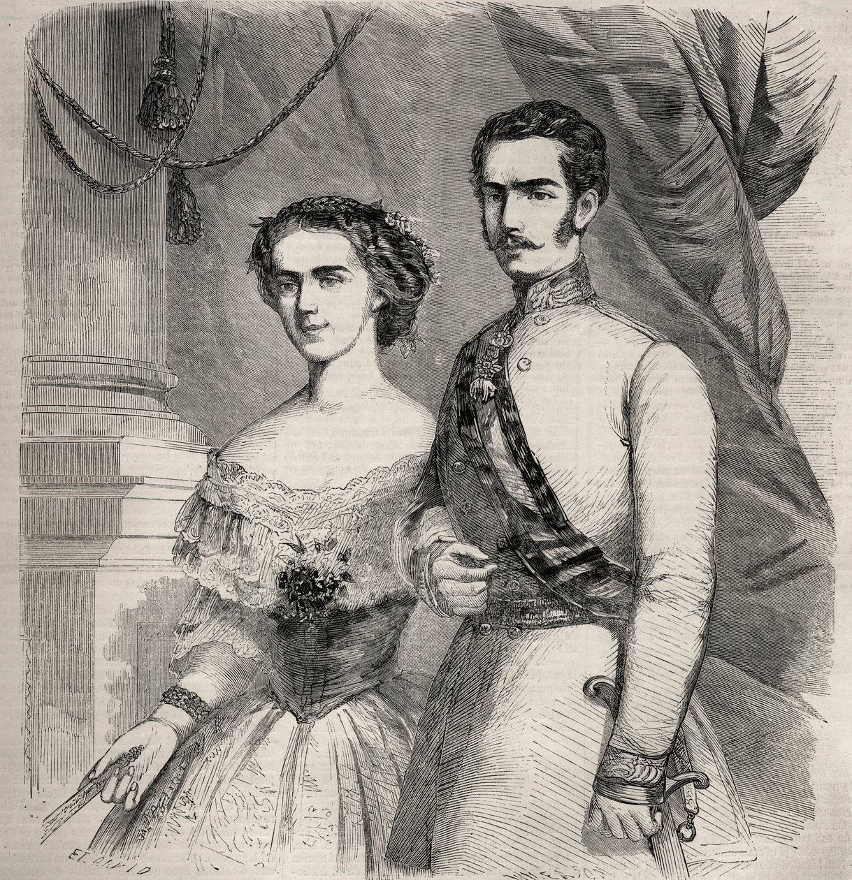 Retrato do Imperador Francisco José (Francisco José) I da Áustria (1830-1916) e sua esposa Isabel de Wittelsbach (1837-1898) (sissi). Gravura em "Le Monde illustrious" de 1857. Coleção privada. de Unknown artist