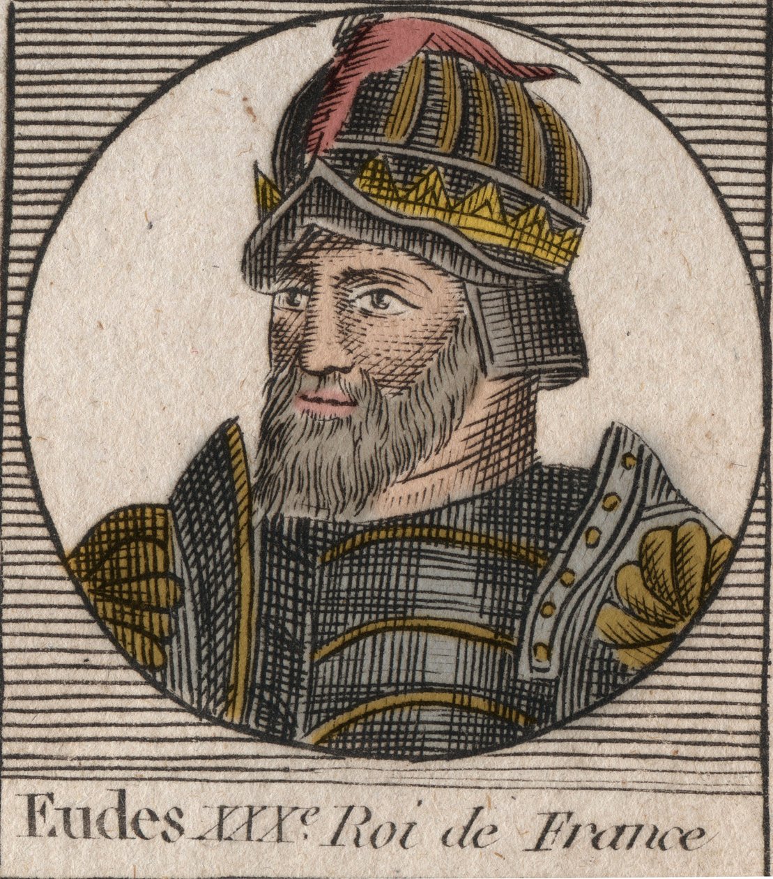 Retrato de Eudes (Odon) (v. 860 - 898), Conde de Paris e Troyes, depois Rei da França - Conde EUDES de Paris eleito ao trono francês após a deposição de Carlos Imperador - gravura de "Instruction sur l