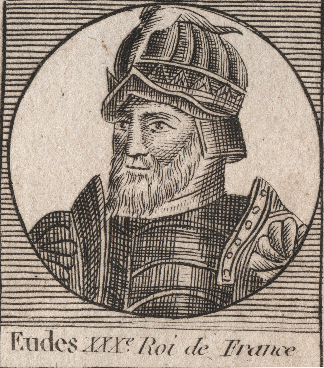 Retrato de Eudes (Odon) (v. 860 - 898), Conde de Paris e Troyes, depois Rei da França - Conde EUDES de Paris eleito ao trono francês após a deposição de Carlos Imperador - gravura de "Instruction sur l