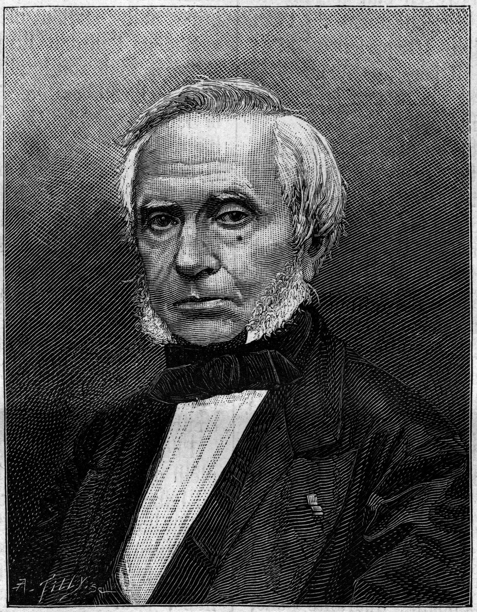 Retrato de Eugene Bourdon (1808-1884), engenheiro francês, inventor do "manómetro Bourdon" para medir a pressão. Gravura em "Natureza. Revue des sciences et de ses applications aux arts et à l
