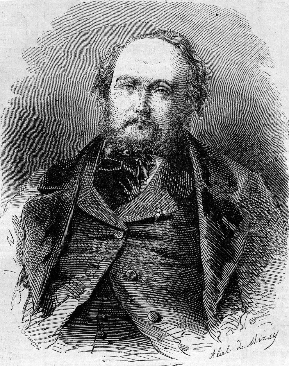 Retrato de Eugene Guinot (1812-1861), jornalista, romancista e dramaturgo francês. Também conhecido como Pierre Durand e Paul Vermond. Gravura em "Le Monde Illustré" n¡202 de 23 de Fevereiro de 1861. de Unknown artist